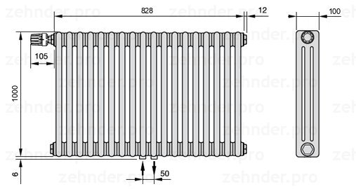 Схема (чертеж) Радиатор Zehnder Charleston 3100/18 №V007 Белый глянцевый RAL 9016